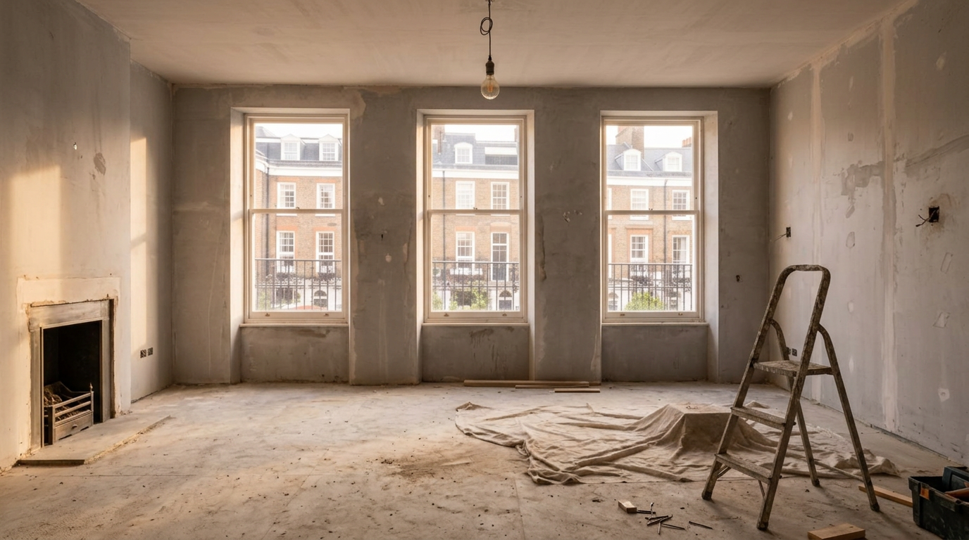 London living room before renovation, bare shell